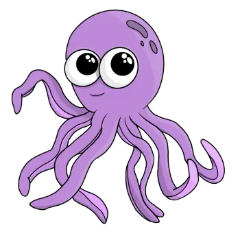 Cartoon purple octopus with big eyes and curled tentacles on a white background