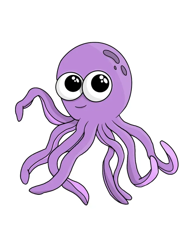 Cute purple cartoon octopus with big eyes and curled tentacles on a white background