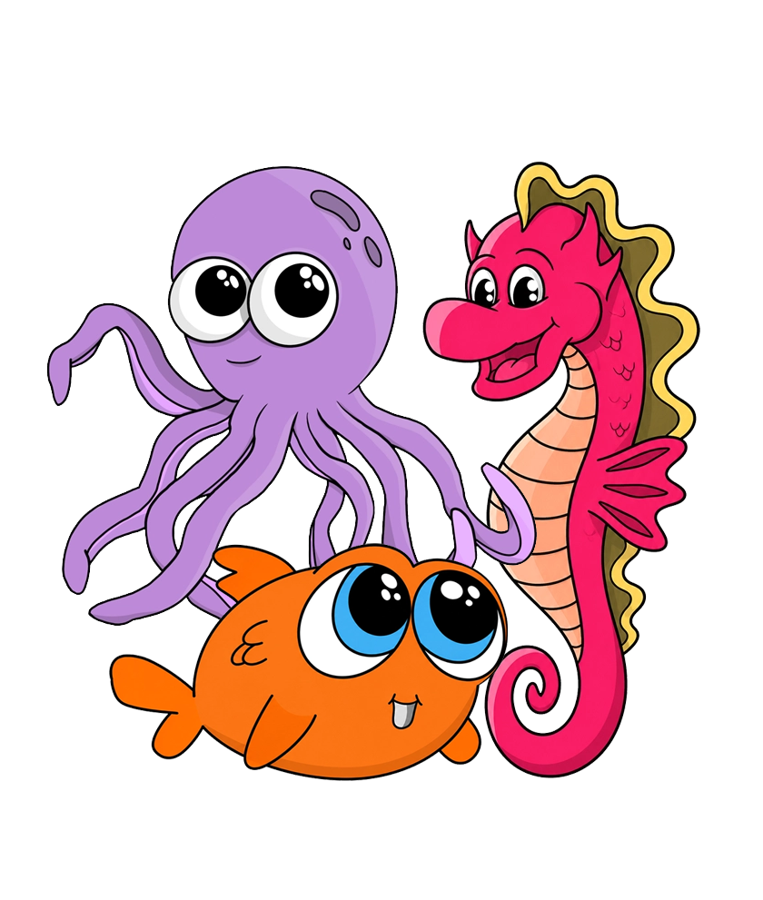Cartoon purple octopus, pink seahorse, and orange fish with big eyes on white background