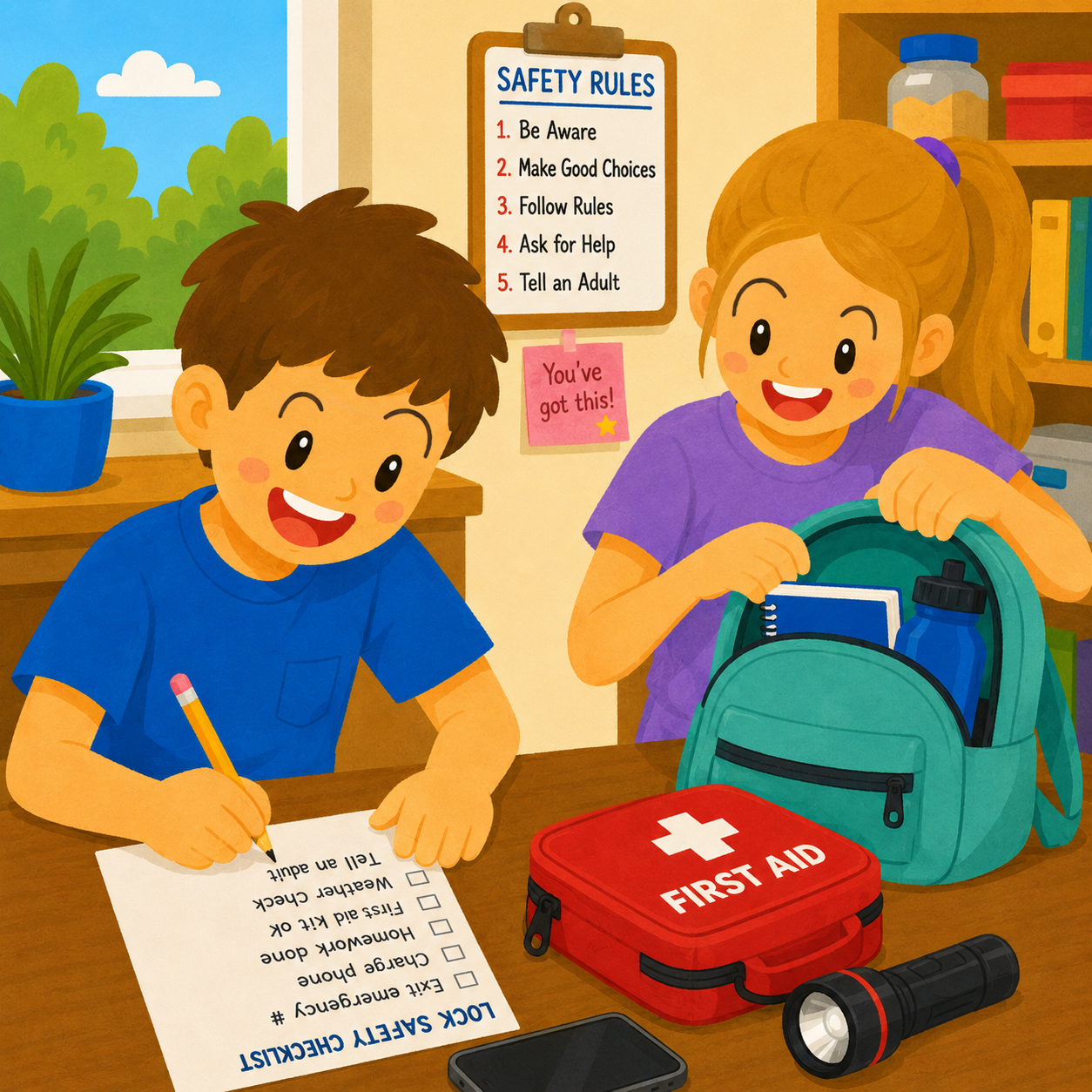 Children packing school supplies beside a first aid kit and flashlight, with safety rules on the wall.