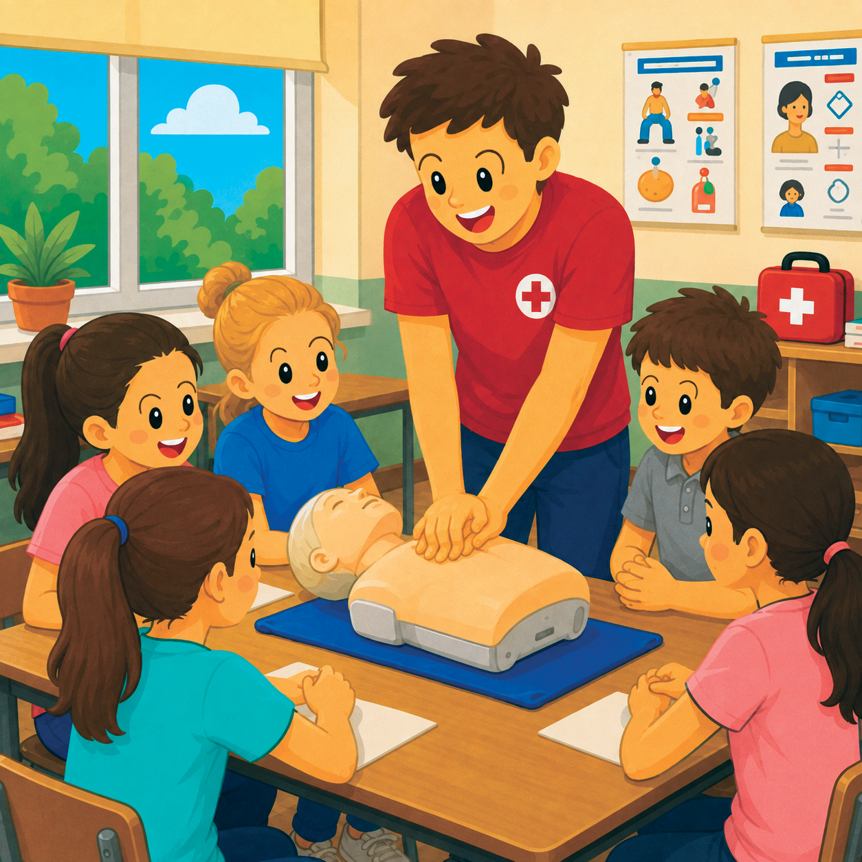 Children learn CPR on a training manikin in a bright classroom with a red-cross instructor.
