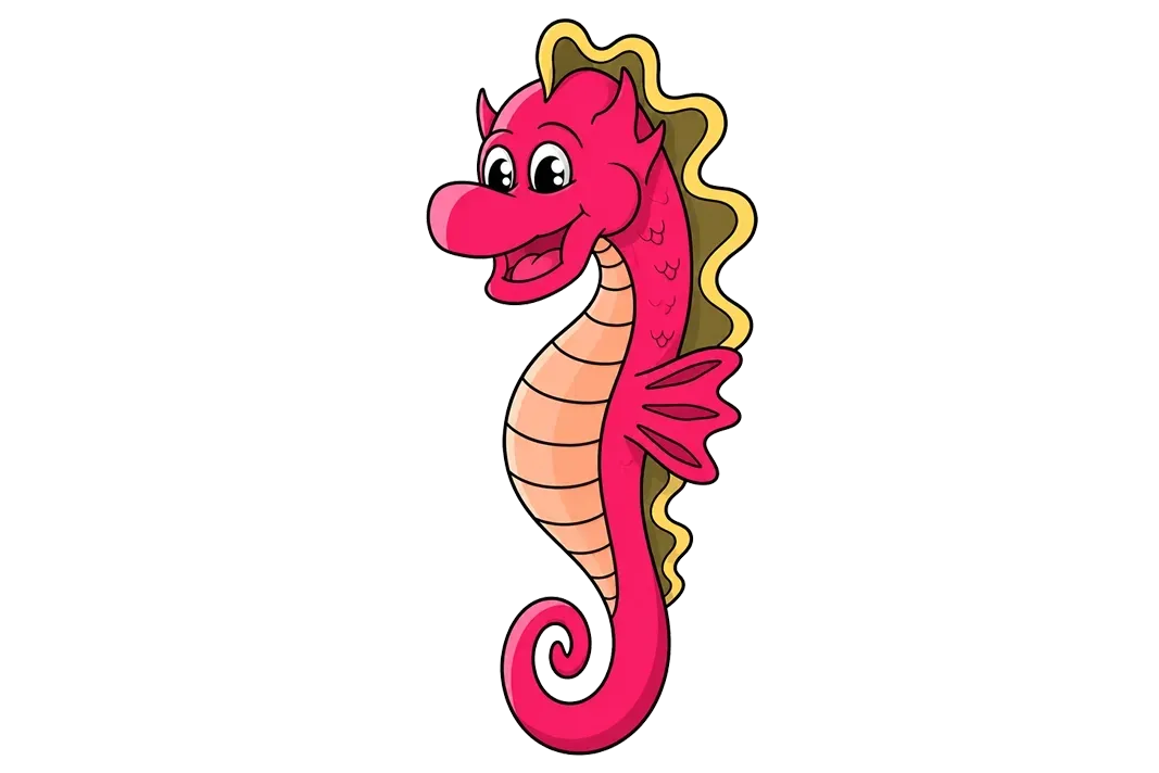 Pink cartoon seahorse with yellow fins and curled tail on a white background