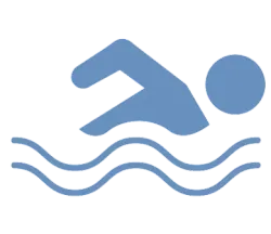Blue swimmer icon over wavy water lines