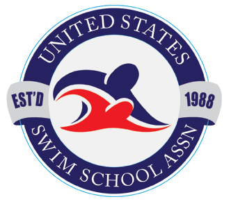 United States Swim School Assn. logo with red and blue swimmer, EST'D 1988