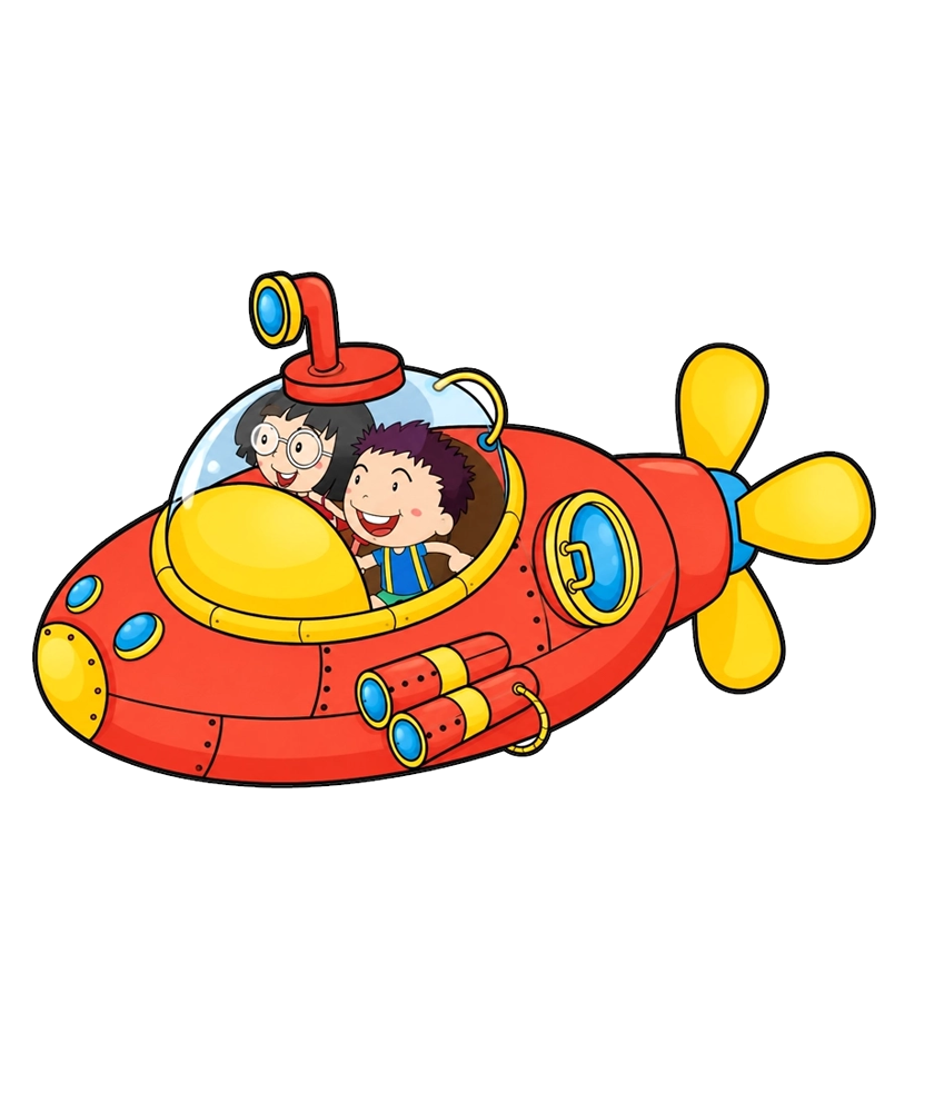 Cartoon red-yellow submarine with two smiling children aboard
