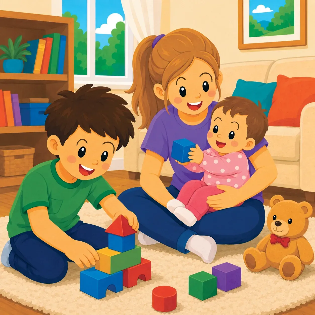 Adult reading to a baby while a child builds blocks on the floor in a cozy living room.