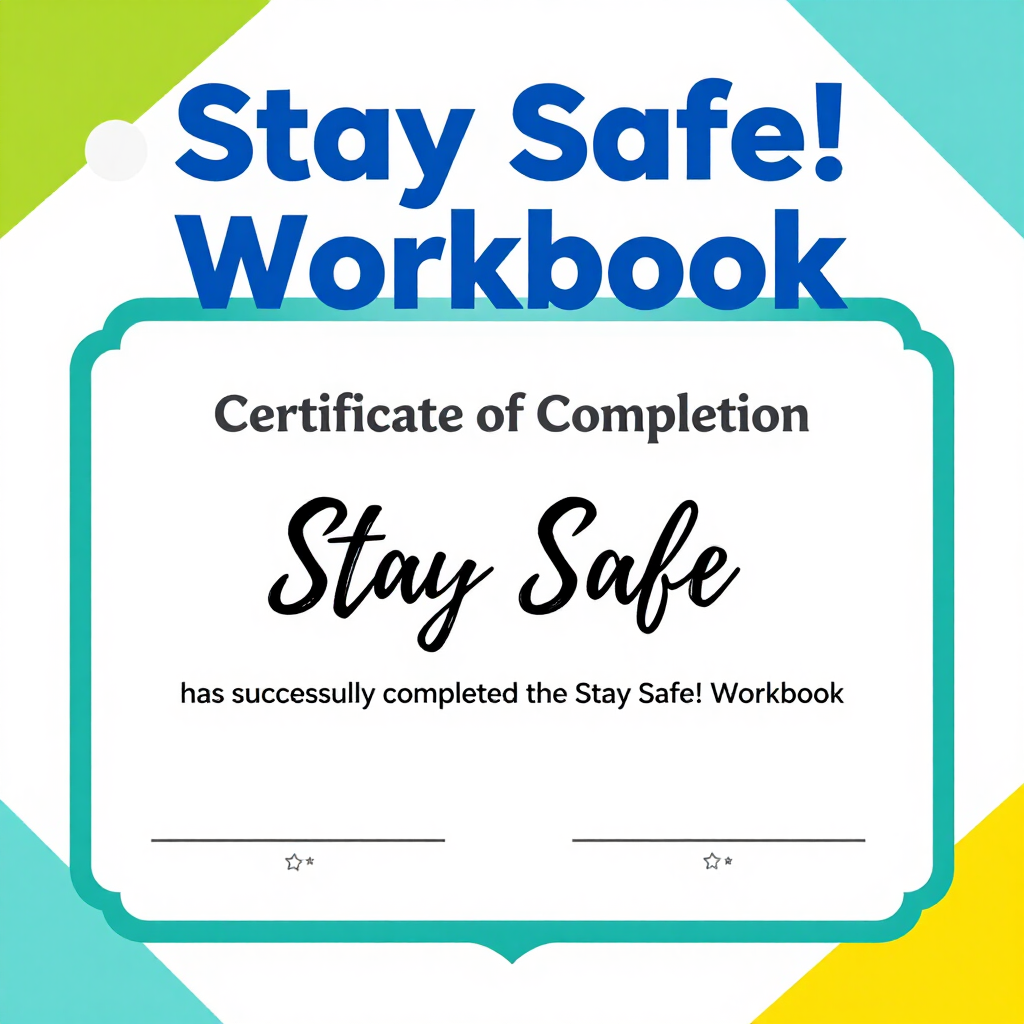 Blue and teal Stay Safe Workbook certificate of completion on a white background