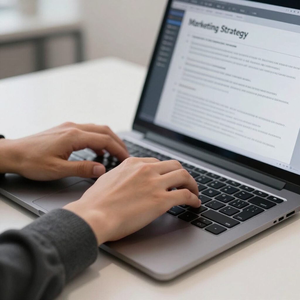 Hände tippen auf einem Laptop, auf dem ein Dokument mit dem Titel „Marketingstrategie“ auf einem weißen Schreibtisch angezeigt wird.