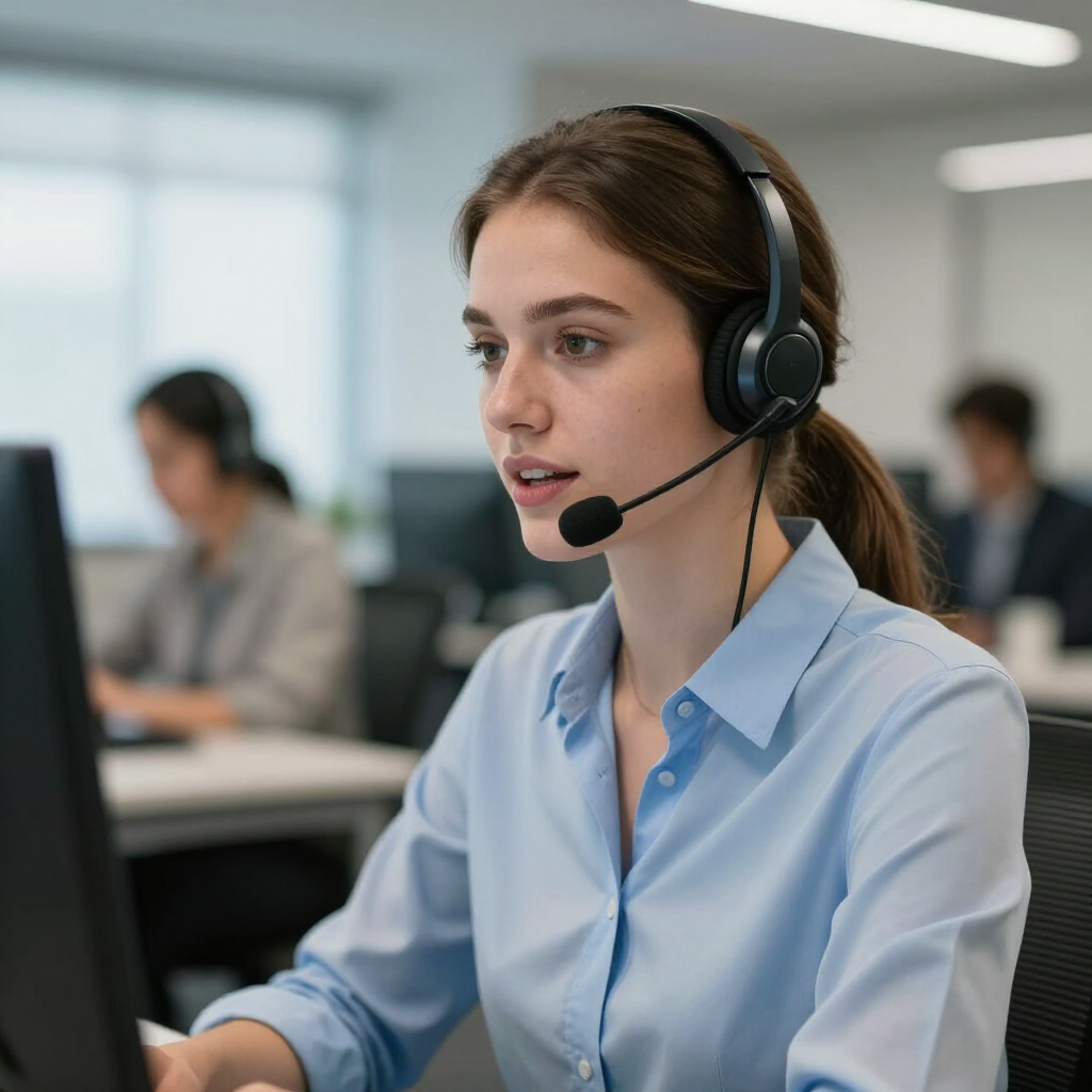 Eine Person mit Headset arbeitet an einem Computer in einem modernen Büro, im Hintergrund sind andere Mitarbeiter zu sehen.