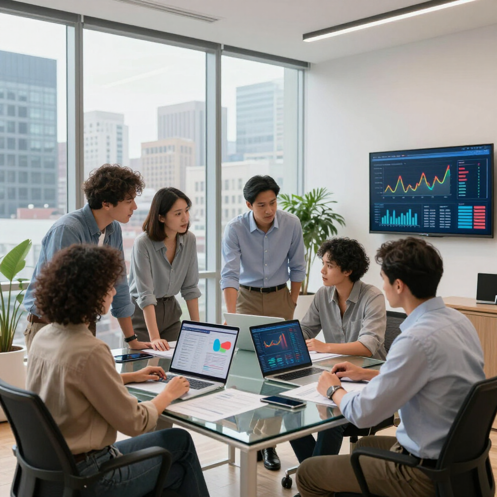 Ein Team arbeitet in einem Büro mit Blick auf die Stadt zusammen und wertet Daten auf Laptops und einem an der Wand montierten Bildschirm aus.