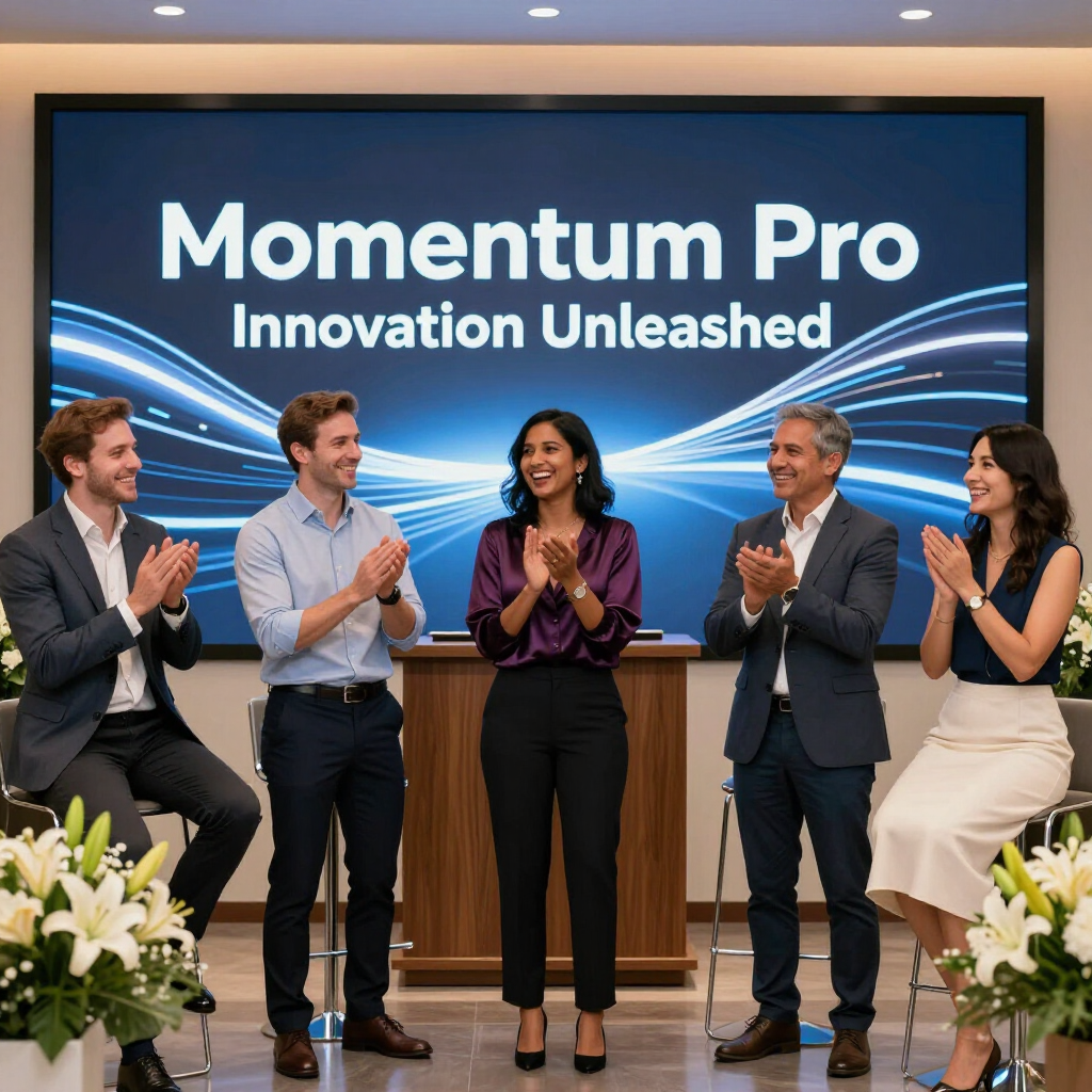 Fünf Personen applaudieren vor einem digitalen Bildschirm mit der Aufschrift „Momentum Pro: Innovation Unleashed“.