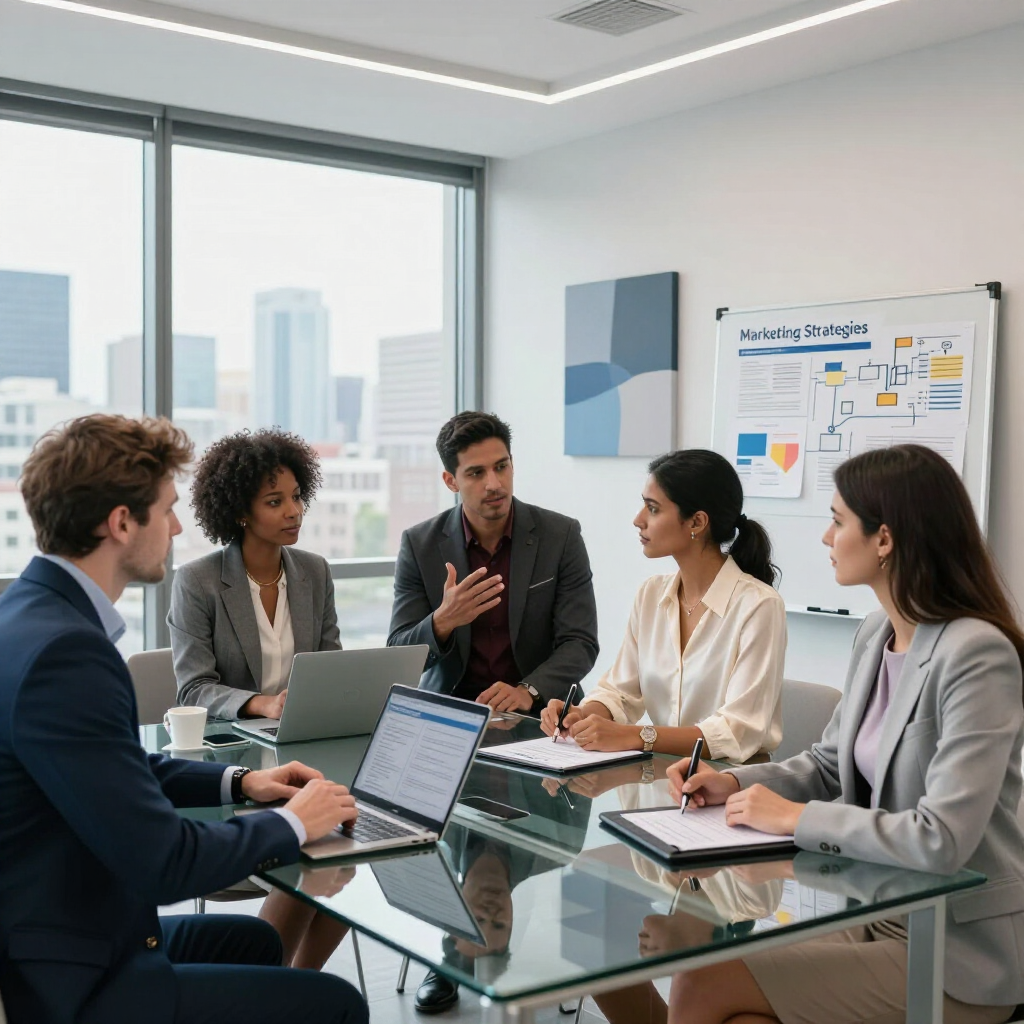 Vier Fachleute in Businesskleidung arbeiten während einer Besprechung an einem gläsernen Konferenztisch in einem modernen Büro zusammen.