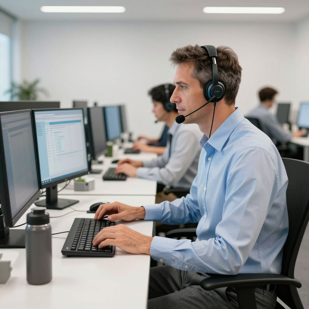 Büroangestellte sitzen an ihren Schreibtischen, tragen Headsets und tippen auf Computern in einem hellen, offenen Arbeitsbereich.