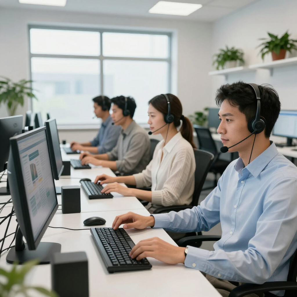 In einem hellen, modernen Büro sitzen mehrere Angestellte mit Headsets an Computern.