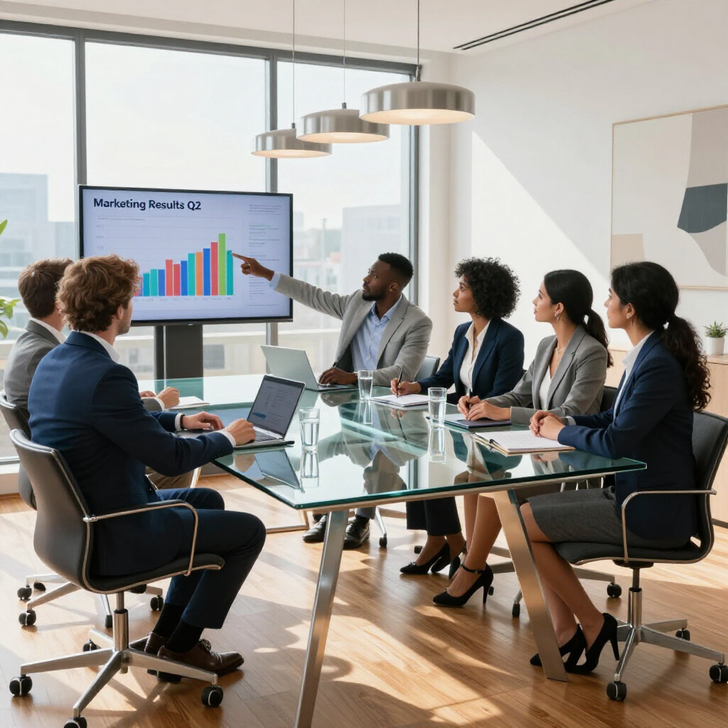 Ein Business-Team sitzt um einen Glastisch in einem sonnendurchfluteten Konferenzraum, während eine Person auf ein Balkendiagramm auf einem Monitor zeigt.