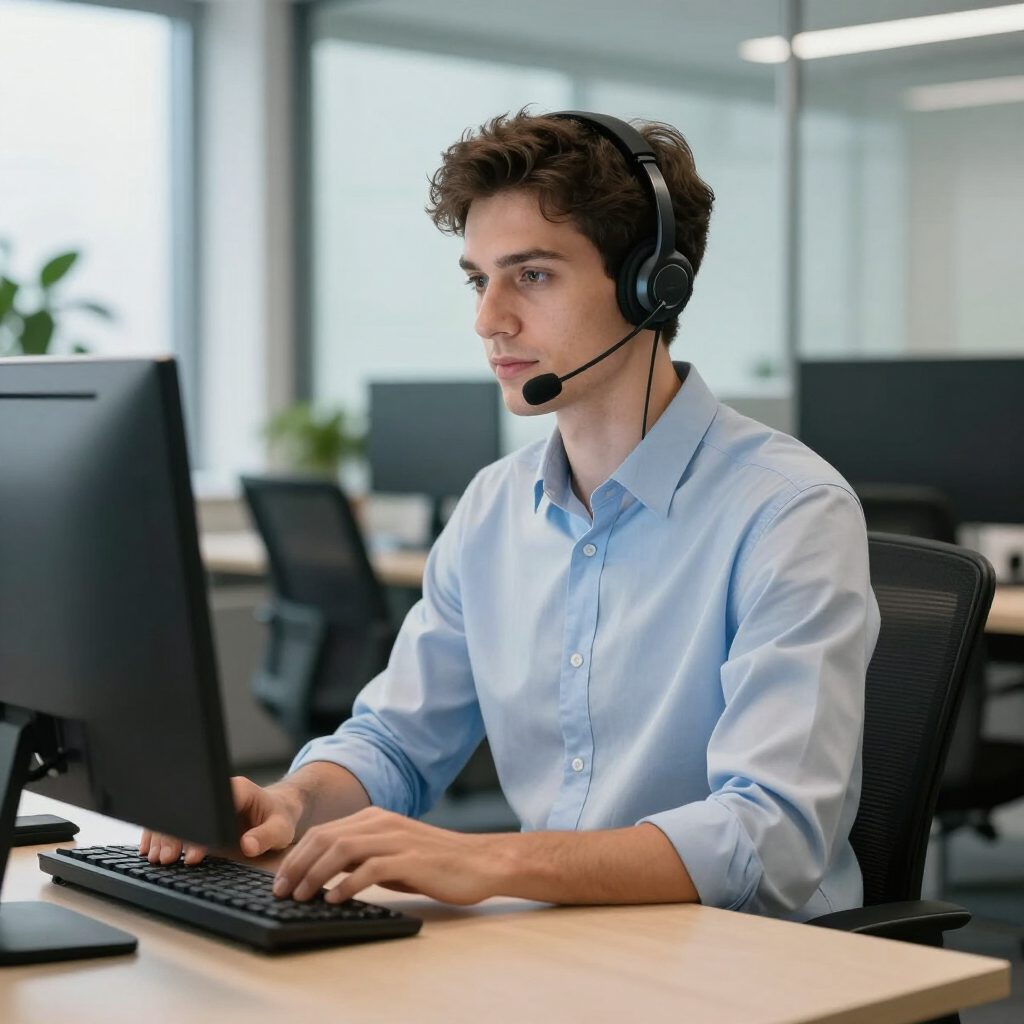 Eine Person, die ein Headset trägt, arbeitet an einem Computer in einem hell erleuchteten Büro.
