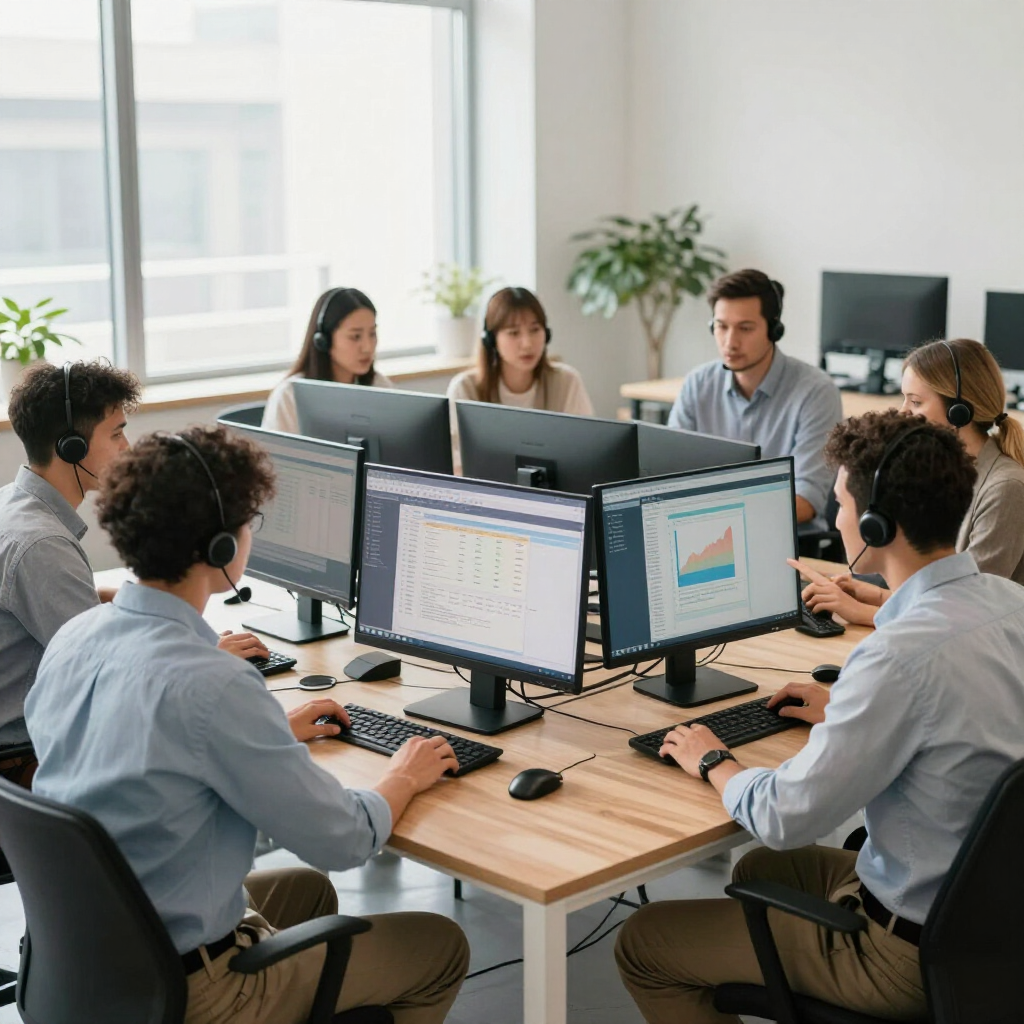Ein Team in einem hellen Büro arbeitet an einem gemeinsamen Schreibtisch mit Computern, trägt Headsets und analysiert Daten auf seinen Bildschirmen.