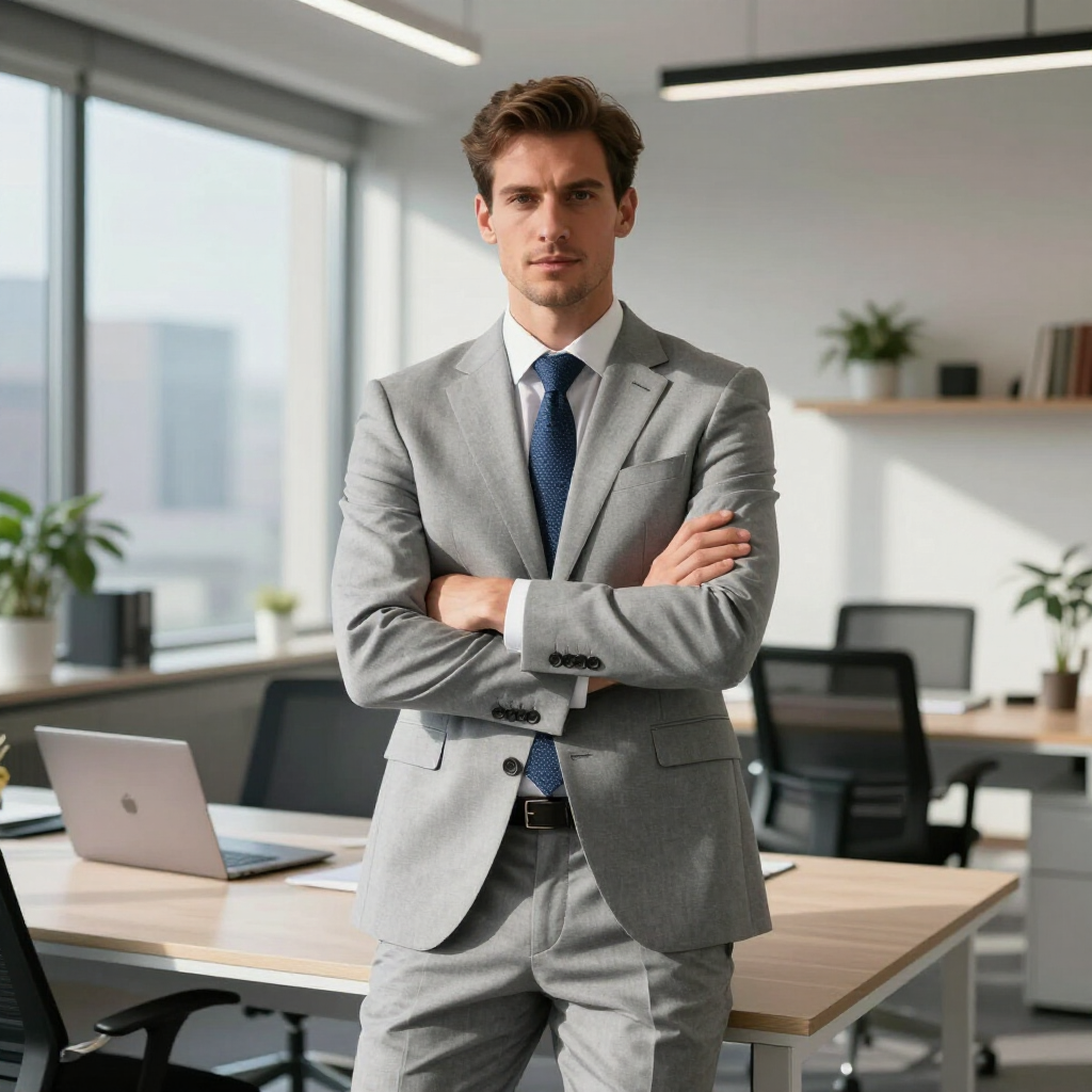 Eine Person in einem grauen Anzug steht mit verschränkten Armen in einem hellen, modernen Büro mit Schreibtischen und Pflanzen.