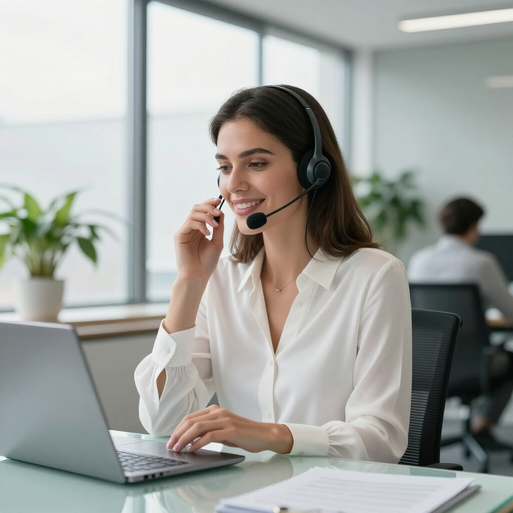 Eine lächelnde Betreuungskraft mit Headset tippt in einem hellen, modernen Büro auf einem Laptop, während ein Kollege in der Nähe arbeitet.