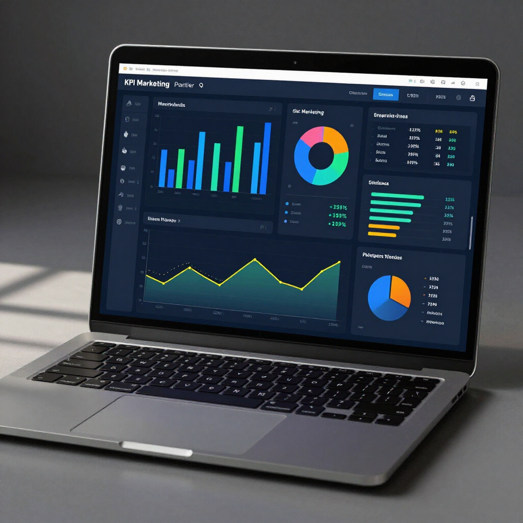 Auf einer grauen Oberfläche steht ein Laptop, auf dem ein dunkel gestaltetes Business-Analytics-Dashboard mit verschiedenen Diagrammen und Grafiken angezeigt wird.