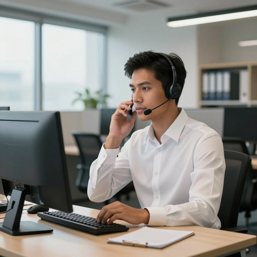 Ein Angestellter mit Headset telefoniert und tippt gleichzeitig an einem Computer in einem hell erleuchteten Büro.