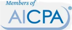 A blue and white logo for members of aicpa