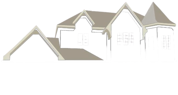 Un dessin d'une maison à trois toits sur fond blanc.