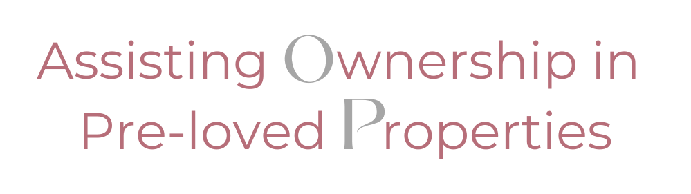 Text reading “Assisting Ownership in Pre-loved Properties” in pink and gray on a white background