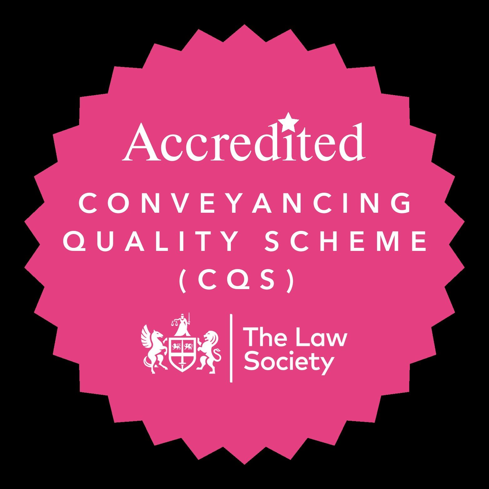 Pink Accredited Conveyancing Quality Scheme (CQS) badge from The Law Society