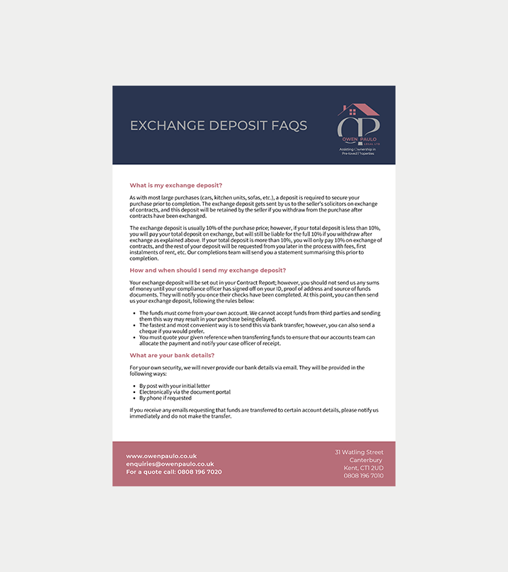 Exchange Deposit Faqs flyer with navy header, white body text, and pink footer blocks.