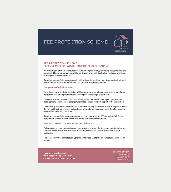 FEE PROTECTION SCHEME flyer with navy header, white body text, and pink footer