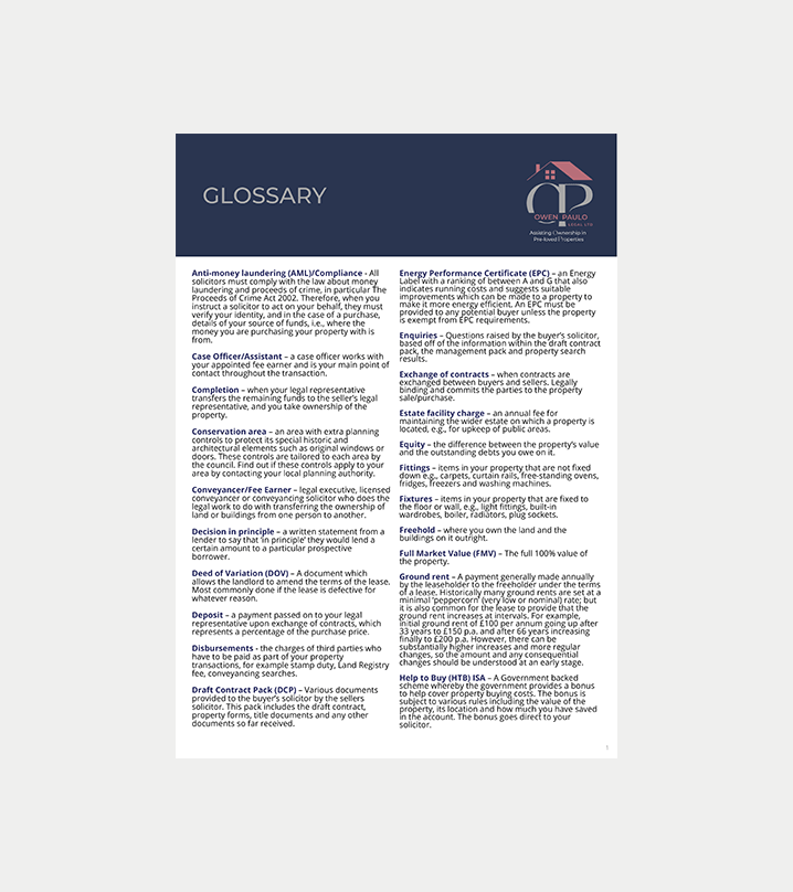 Glossary page with two columns of text and a dark blue header with a logo