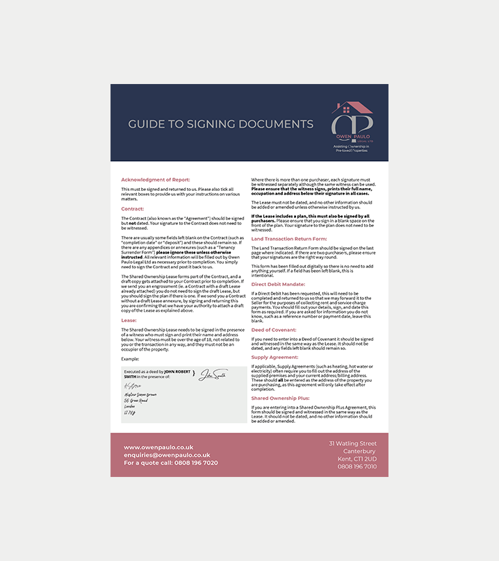 Guide to Signing Documents flyer with navy header, pink footer, and two columns of instructional text.