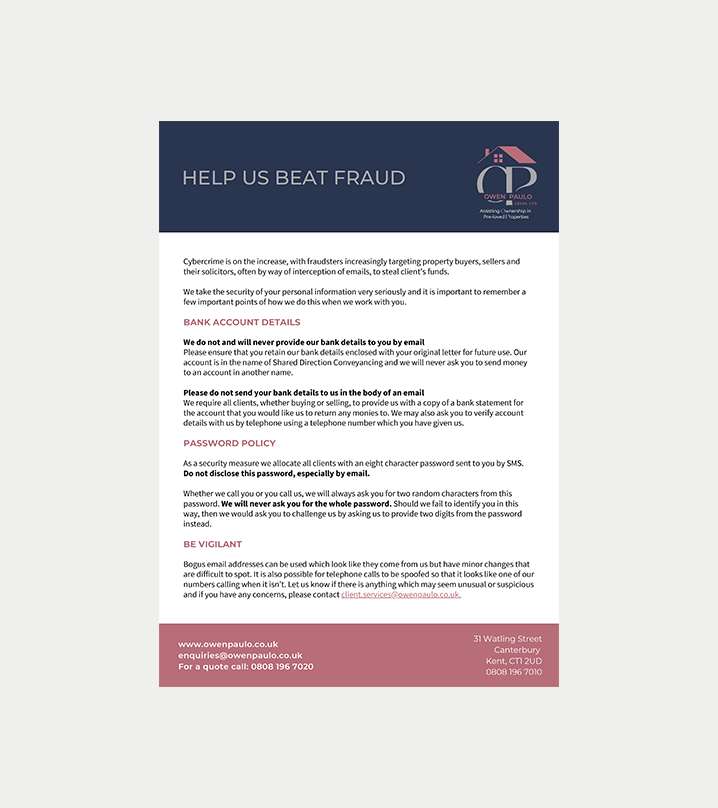 Fraud awareness flyer with navy header, white body text, and pink footer, titled “Help Us Beat Fraud.”