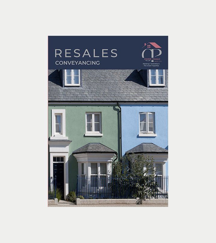 Resales conveyancing ad with pastel row houses and a navy header logo