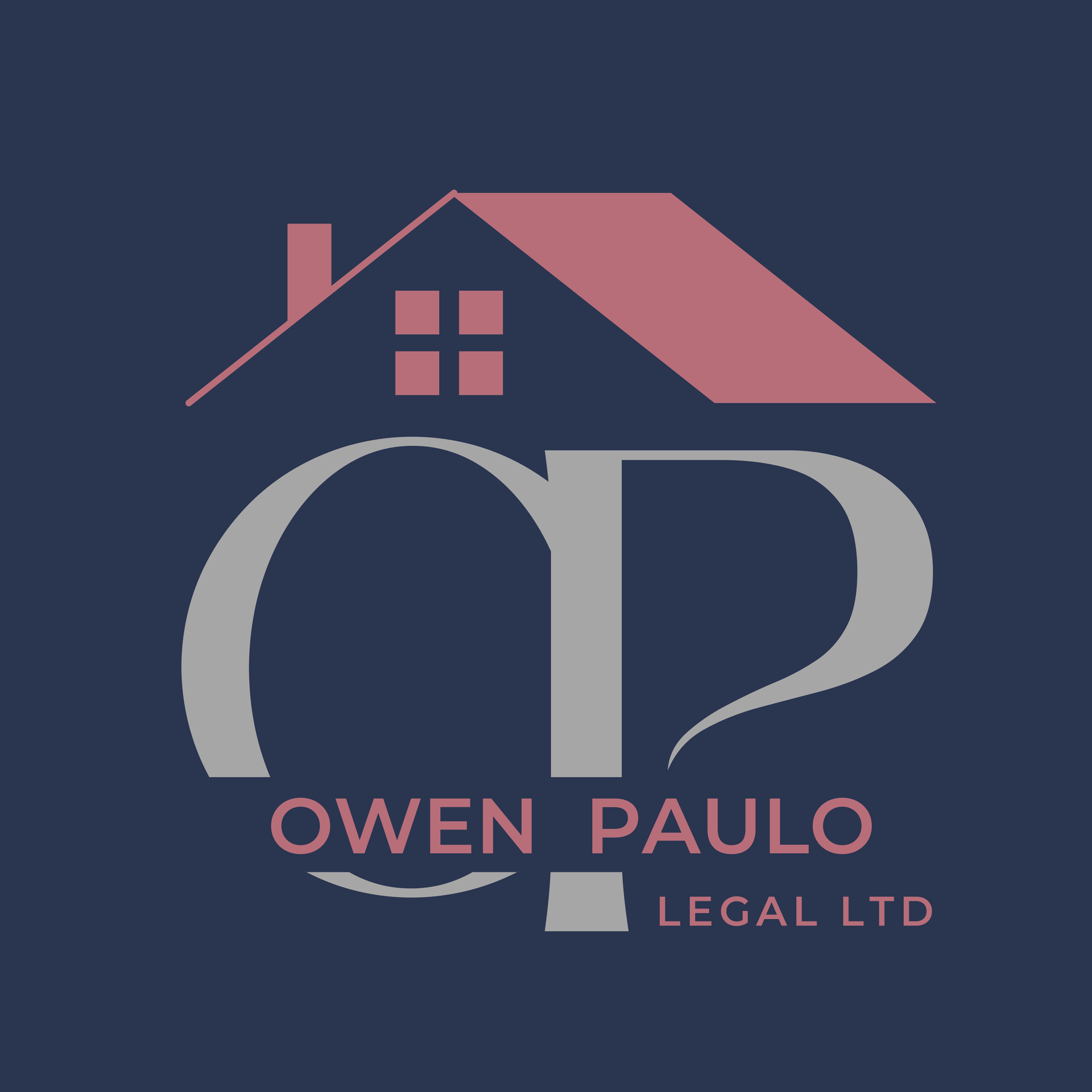 Logo for Owen Paulo Legal Ltd with a pink roof over stylized gray initials on a dark blue background