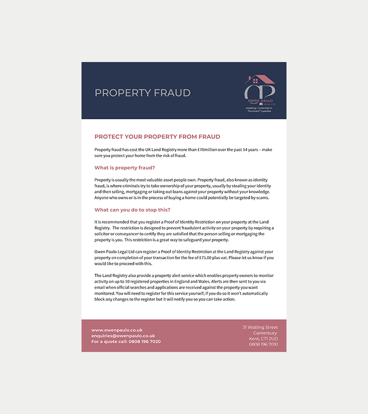 Property fraud flyer with dark blue header and pink footer, titled “Protect your property from fraud”
