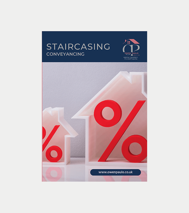 Staircasing Conveyancing flyer with red percentage symbols and a dark blue header on a light background