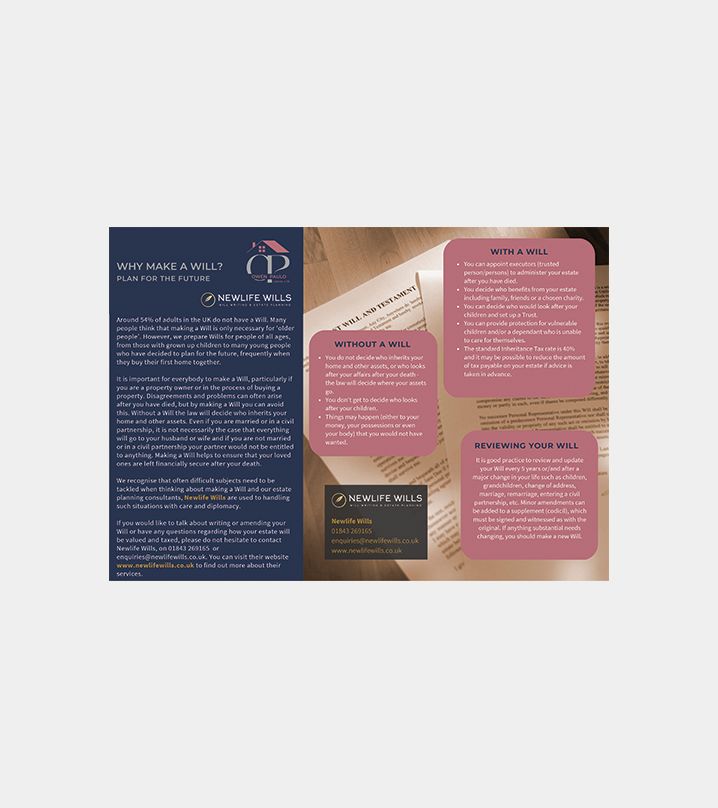 Brochure layout with navy and pink panels, dense text, and a central book image on a beige background