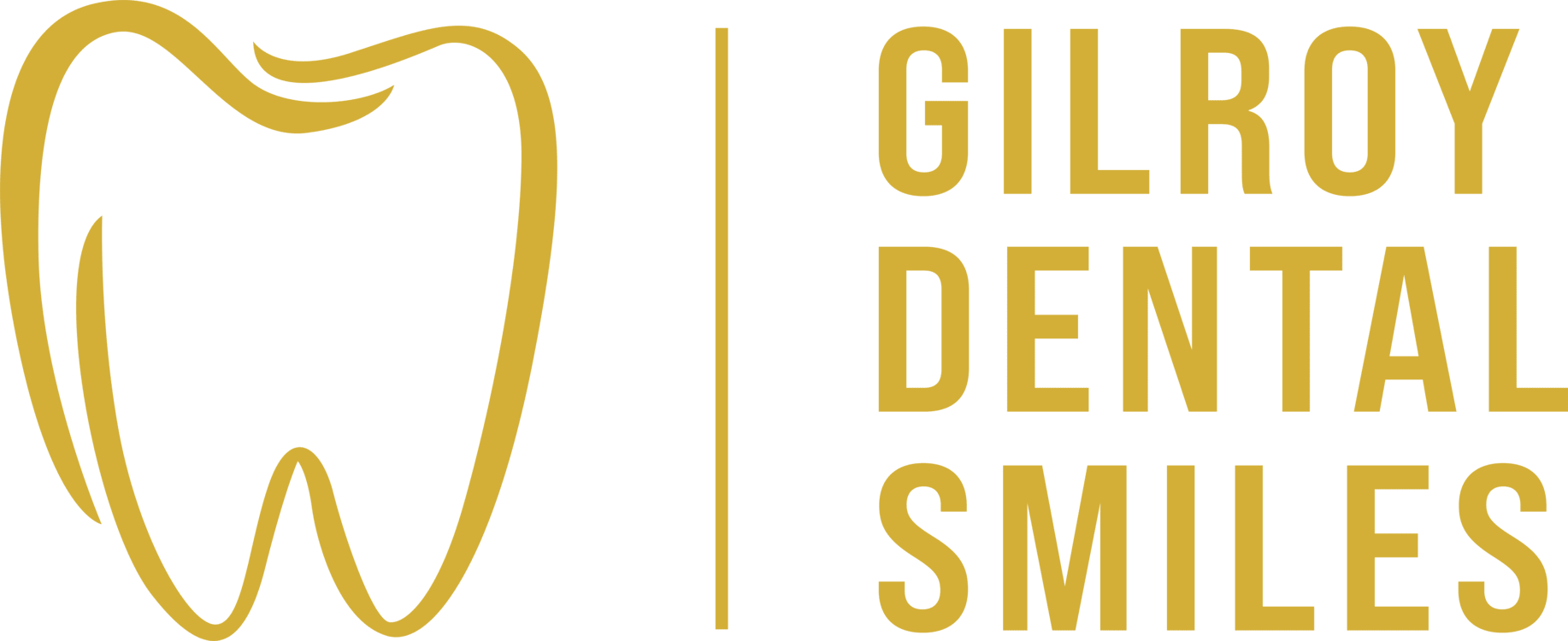 The logo for gilroy dental smiles shows a tooth and the words `` gilroy dental smiles ''.