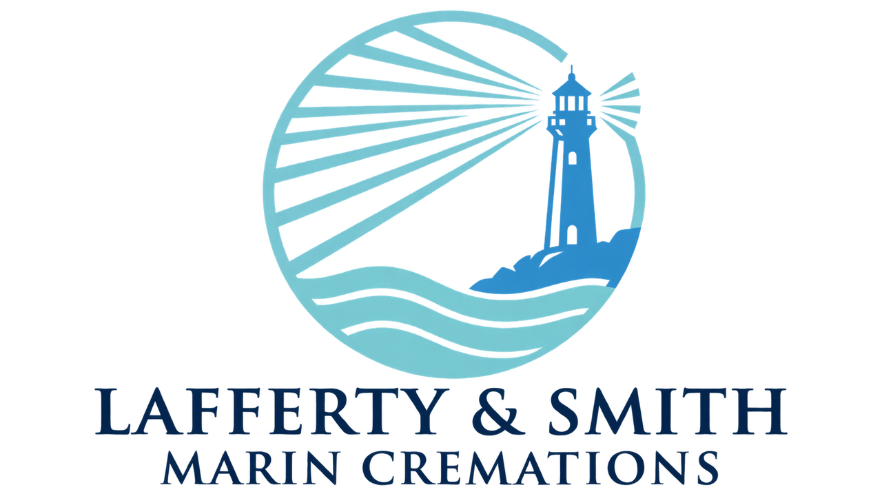 Logo for Lafferty & Smith Marin Cremations with a blue lighthouse and sunburst over waves