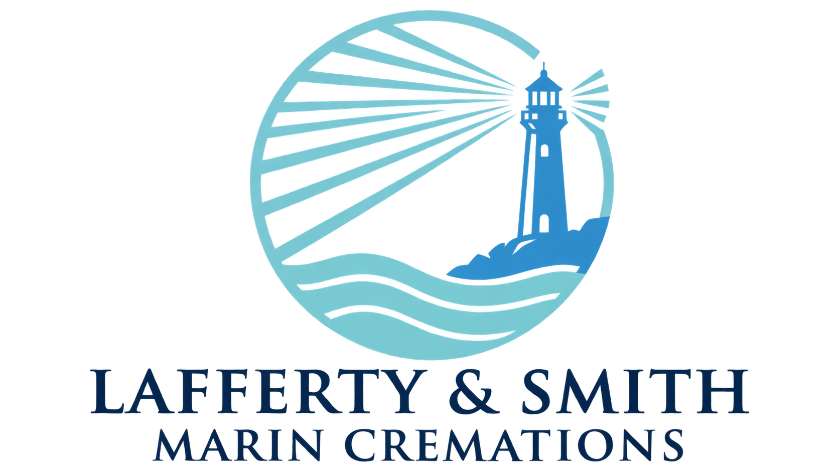 Logo for Lafferty & Smith Marin Cremations with a blue lighthouse and sunburst over waves