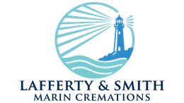 Logo for Lafferty & Smith Marin Cremations with a blue lighthouse and sunburst over waves