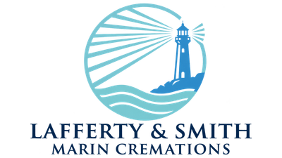 Logo for Lafferty & Smith Marin Cremations with a blue lighthouse and sunburst over waves