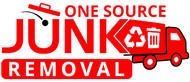A logo for one source junk removal with a red truck