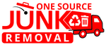 One Source Junk Removal logo with red truck, trash can, and bold red lettering