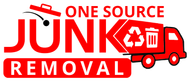 One Source Junk Removal logo with red truck, trash can, and bold red lettering