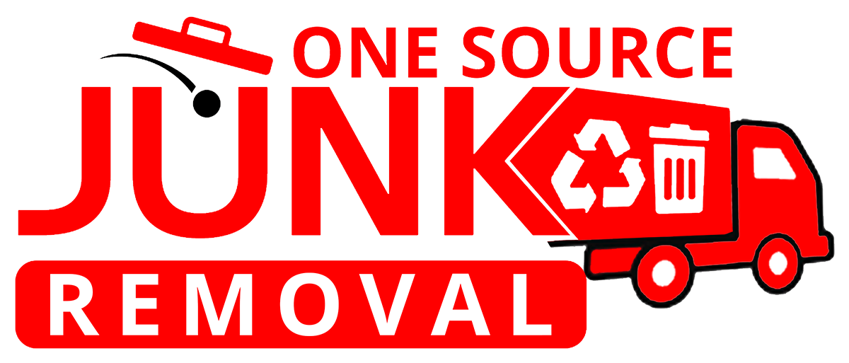 One Source Junk Removal logo with red truck, trash can, and bold red lettering