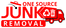 One Source Junk Removal logo with red truck, trash can, and bold red lettering