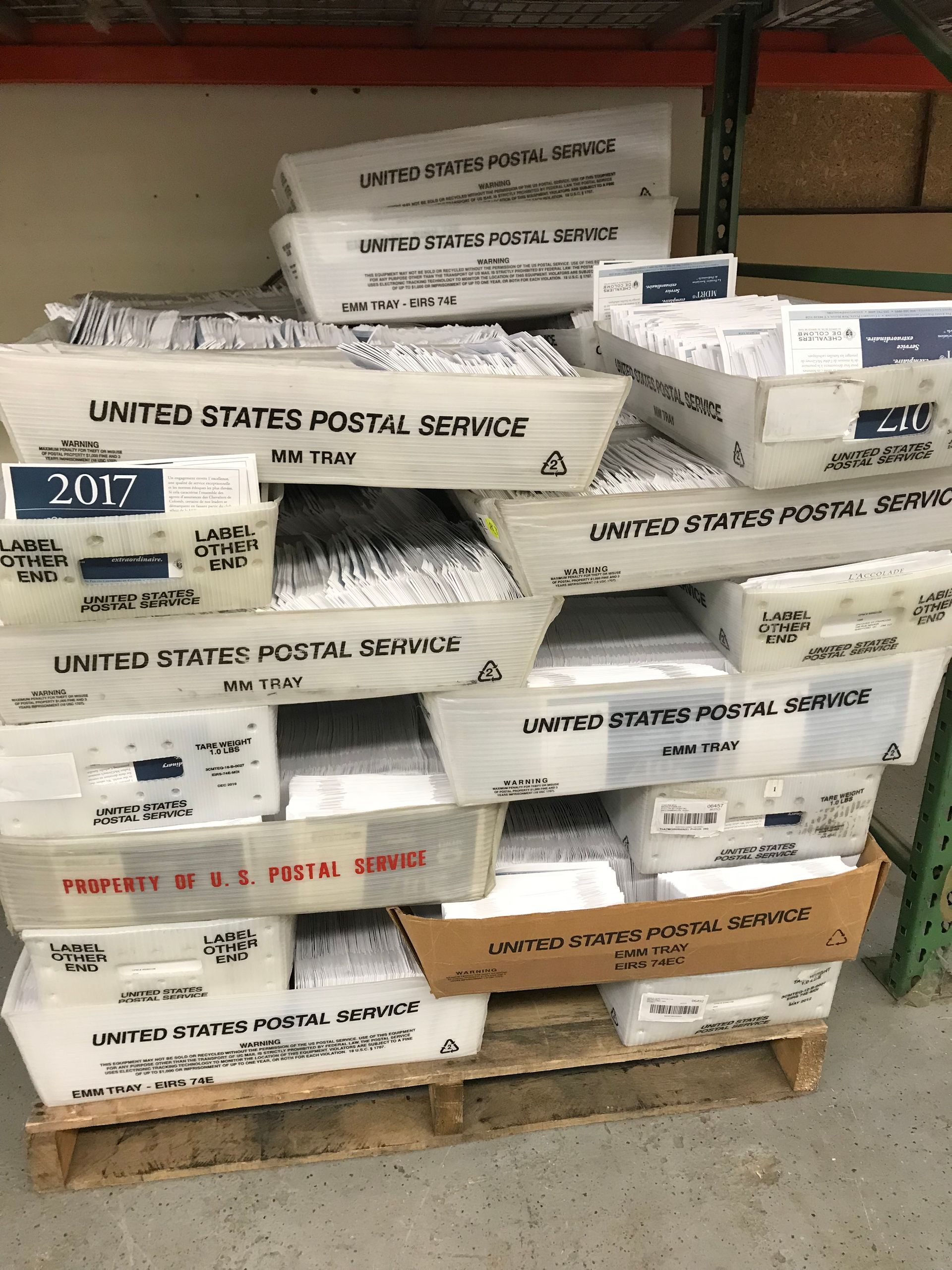 A pallet filled with boxes of united states postal service mail
